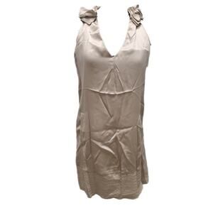 Matty M Champagne silk satin pleated ruffle v neck shift dress XS Extra Small